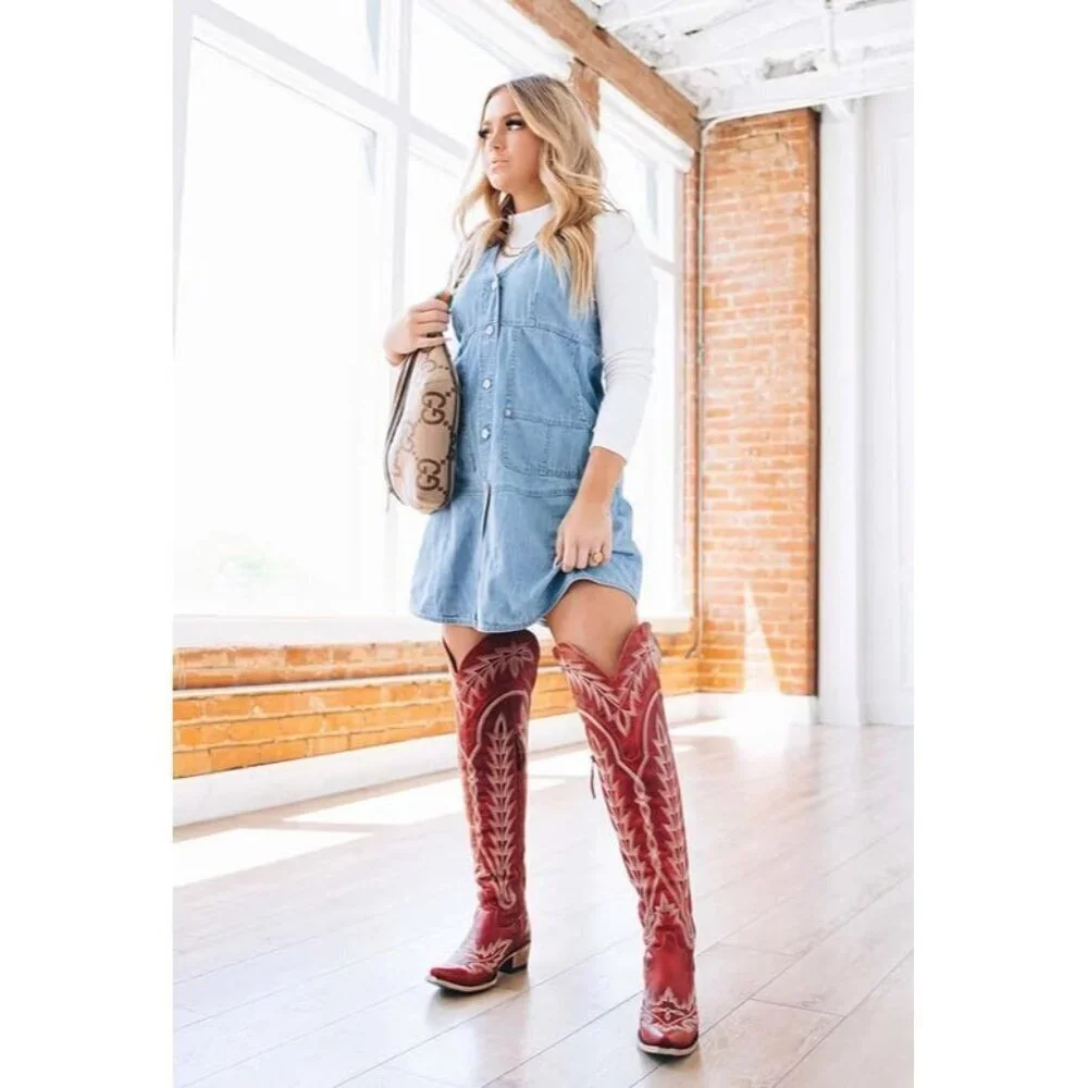 Women Red Synthetic Cowgirl Thigh High Wide Calf Embroidered Western Boots